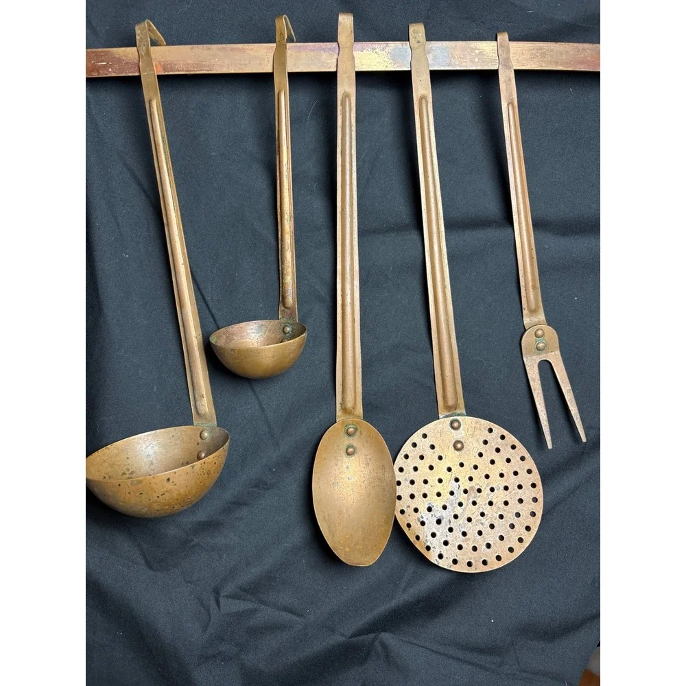 Vintage ODI Copper Kitchen Tool Set Hanging Wall Rack 5 Utensils Made in Korea